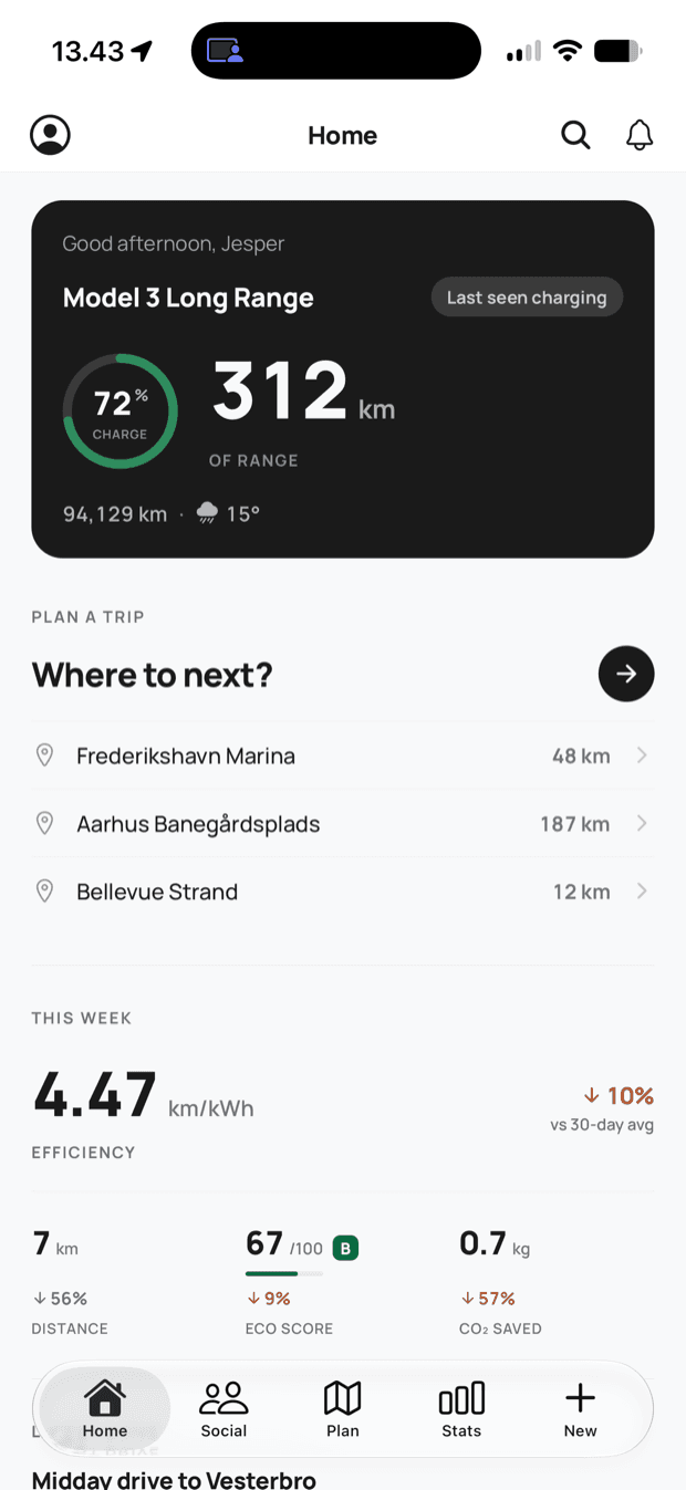Rangea — home dashboard with charge, range, and quick trip planning